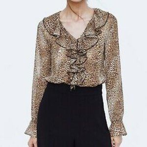ZARA Brown RUFFLED ANIMAL PRINT BODYSUIT V- Neck